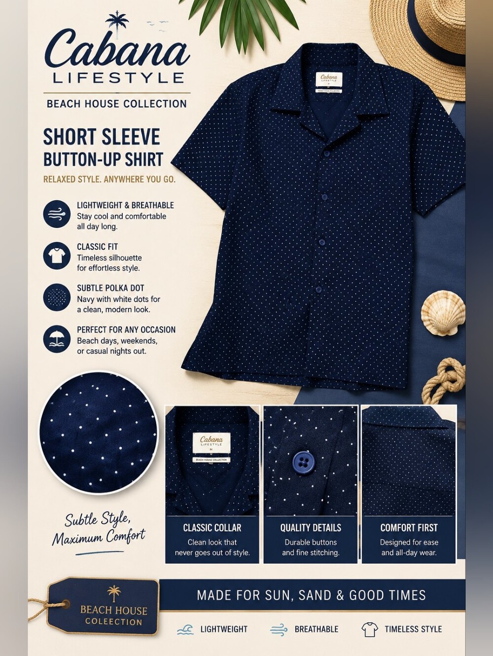 Cabana Life Navy with White Dot Short-Sleeve Button-Up Shirt